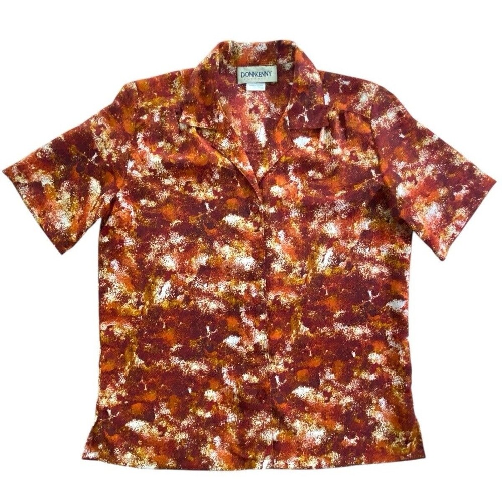 Donnkenny Classics Womens Blouse Sm Abstract Print Button Front Top Red Orange